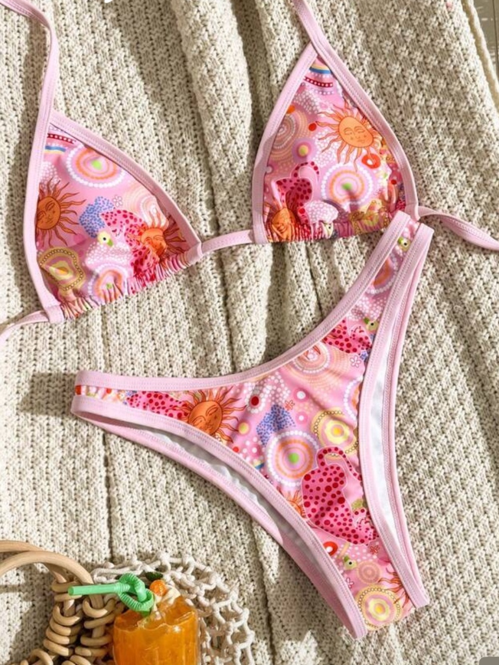 Pink Sun Print Triangle Bikini Set - Women Swim